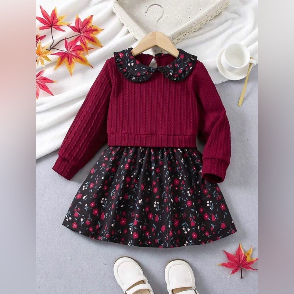 232. Red and Black Floral Dress with Peter Pan Collar Girls Size 5